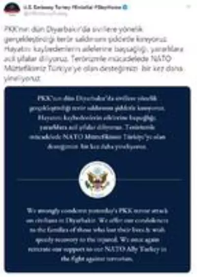 ABD'nin Ankara Büyükelçiliği'nden Diyarbakır'daki terör saldırısına kınama
