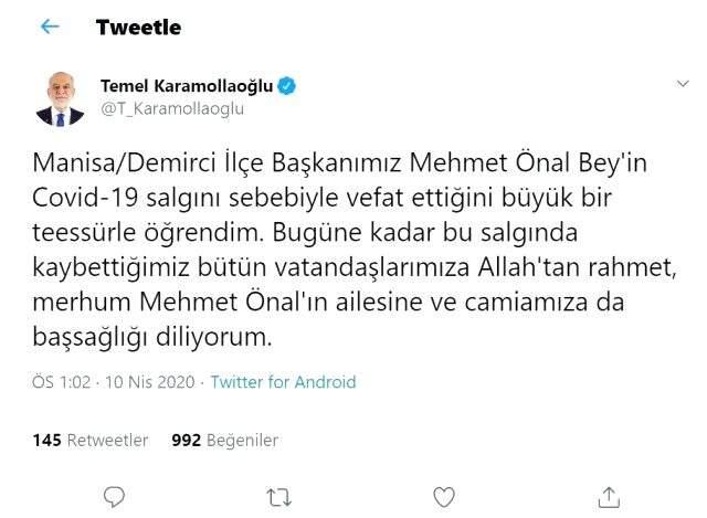 Saadet Partisi Demirci İlçe Başkanı Mehmet Önal koronavirüse yenik düştü