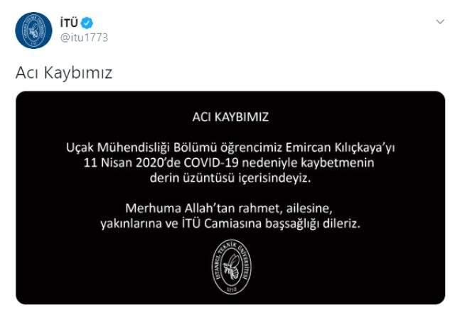 22 yaşındaki İTÜ Uçak Mühendisliği öğrencisi koronavirüsten hayatını kaybetti 22 yaşındaki İTÜ Uçak Mühendisliği öğrencisi koronavirüsten hayatını kaybetti