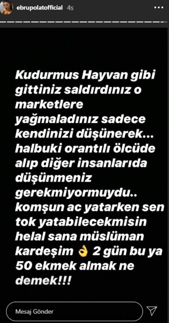 Ebru Polat, sokağa çıkma yasağından sonra market ve fırınların yağmalanmasına tepki gösterdi