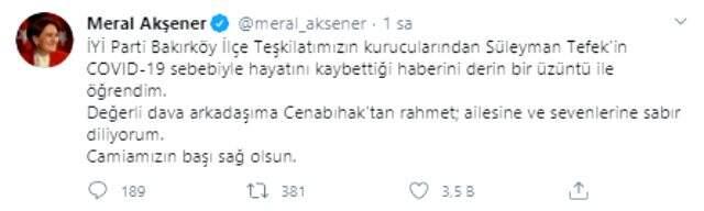 İYİ Parti Bakırköy ilçe teşkilatı kurucularından Süleyman Tefek, koronavirüs nedeniyle hayatını kaybetti İYİ Parti Bakırköy ilçe teşkilatı kurucularından Süleyman Tefek, koronavirüs nedeniyle hayatını kaybetti