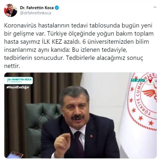 Sağlık Bakanı: Yoğun bakımdaki hasta sayımız ilk kez azaldı