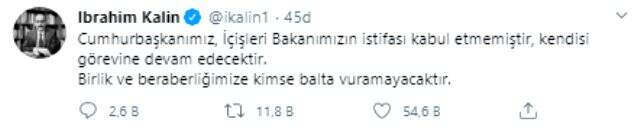 Cumhurbaşkanlığı Sözcüsü Kalın'dan Süleyman Soylu açıklaması: Birlik ve beraberliğimize kimse balta vuramayacak