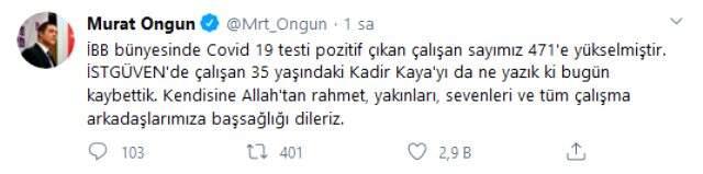 İBB'de bir kişi daha koronavirüsten öldü, vaka sayısı 471'e yükseldi İBB'de bir kişi daha koronavirüsten öldü, vaka sayısı 471'e yükseldi
