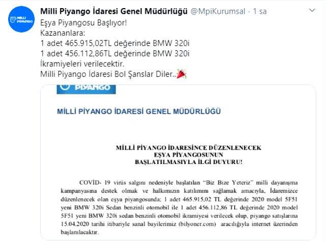Milli Piyango, Biz Bize Yeteriz Türkiyem kampanyası için BMW piyangosu düzenleyecek