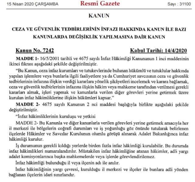 Son dakika: Cumhurbaşkanı Erdoğan'ın onayladığı infaz yasası Resmi Gazete'de yayımlanarak yürürlüğe girdi