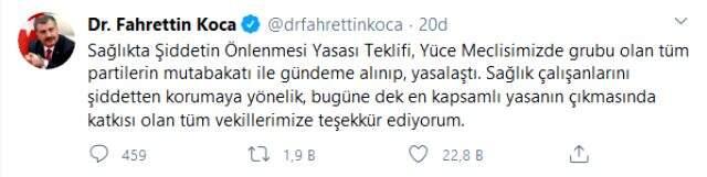 Sağlık Bakanı Koca'dan vekillere sağlıkta şiddet yasası teşekkürü