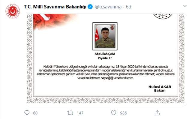 Hakkari'de nöbet sırasında rahatsızlanan asker, şehit oldu