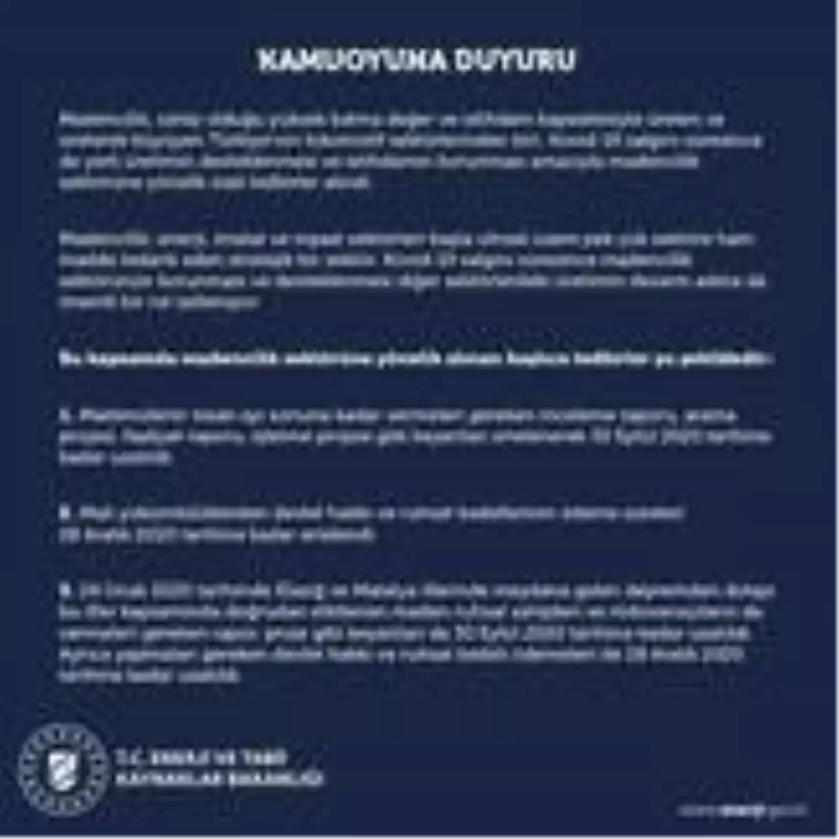 Enerji ve Tabii Kaynaklar Bakanlığından madencilik sektöründe korona virüs tedbirleri