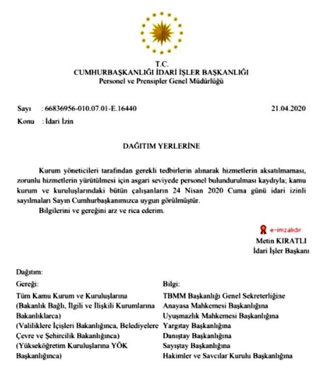 Son Dakika: 24 Nisan'da tüm kamu çalışanları izinli sayılacak Son Dakika: 24 Nisan'da tüm kamu çalışanları izinli sayılacak