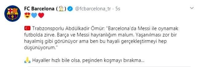 Barcelona'dan Abdülkadir Ömür paylaşımı: Hayallarinin peşinden koşmayı bırakma