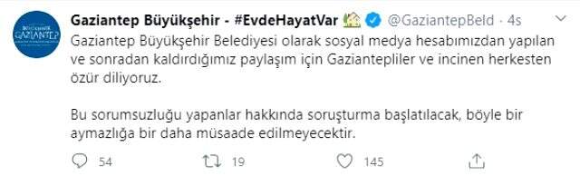 Gaziantep Büyükşehir Belediyesi, tepki çeken paylaşımı için özür diledi