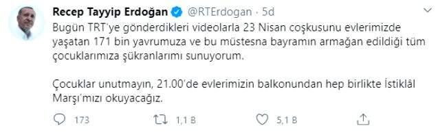 Cumhurbaşkanı Erdoğan'dan 23 Nisan paylaşımı: Hakimiyet milletindir
