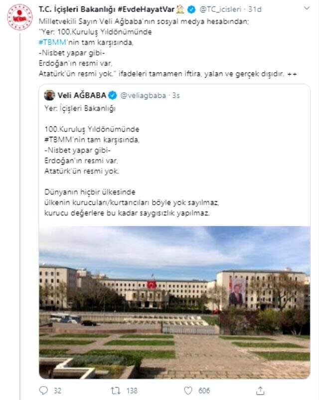 İçişleri Bakanlığı'ndan CHP'li Veli Ağbaba'nın "Atatürk'ün resmi yok" iddialarına yanıt: Tamamen iftira ve yalandır.