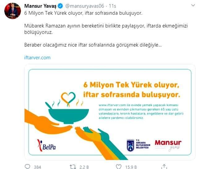 Mansur Yavaş, ihtiyaç sahipleri için 'Bir iftar da benden' kampanyası başlattı Mansur Yavaş, ihtiyaç sahipleri için 'Bir iftar da benden' kampanyası başlattı