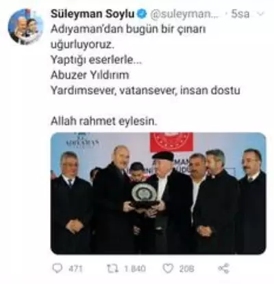 Bakan Soylu'dan Abuzer Yıldırım için başsağlığı mesajı Bakan Soylu'dan Abuzer Yıldırım için başsağlığı mesajı