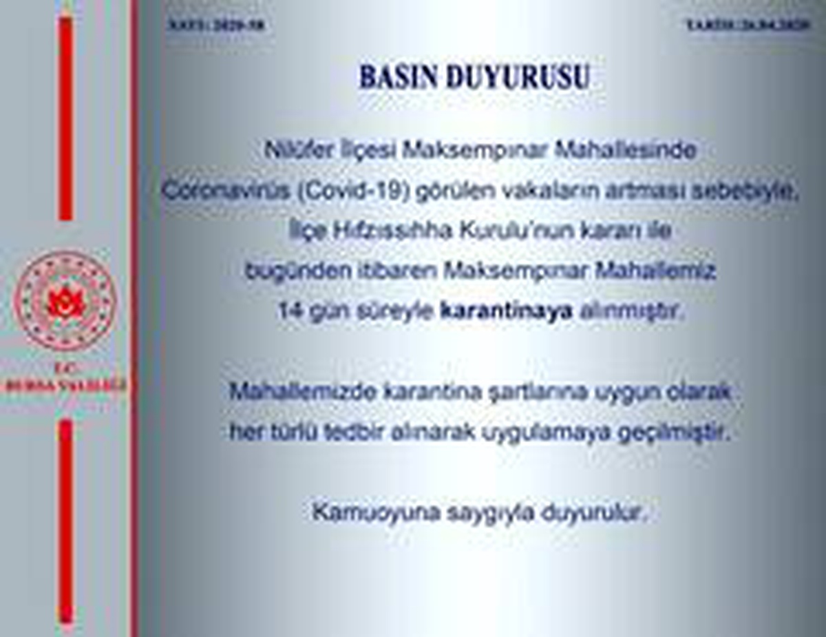 Bursa'da bir mahalle karantina altına alındı