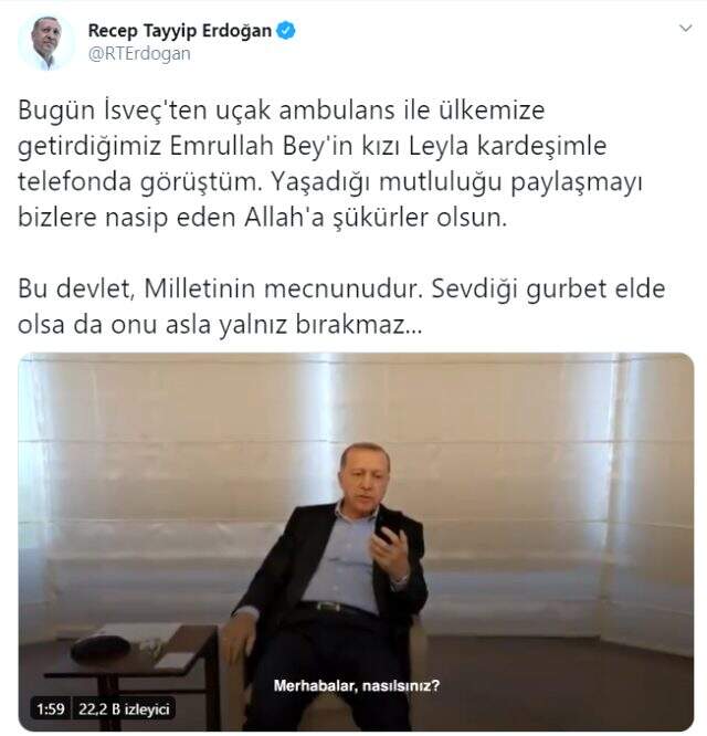 Cumhurbaşkanı Erdoğan, İsveç'ten getirilen Emrullah Gülüşken'in kızı Leyla ile telefonda görüştü