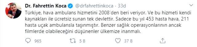 Sağlık Bakanı Fahrettin Koca: Sadece bu yıl 453 hasta hava, 211 hasta uçak ambulansla taşın