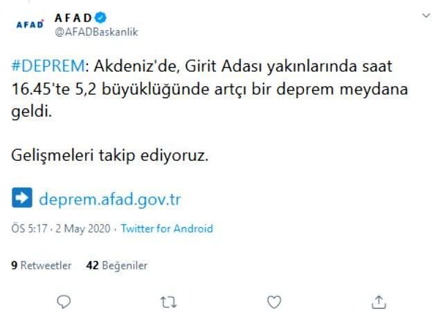 Akdeniz'de 6,4 ve 5.2 büyüklüğünde 2 deprem meydana geldi
