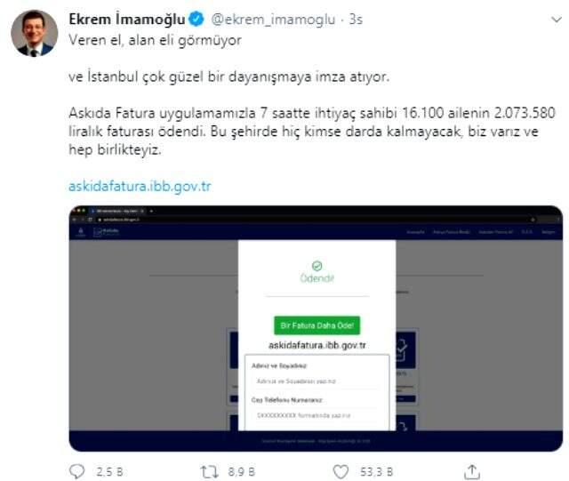 'Askıda Fatura' uygulaması ile 7 saatte 16 bin 100 ailenin faturası ödendi 'Askıda Fatura' uygulaması ile 7 saatte 16 bin 100 ailenin faturası ödendi