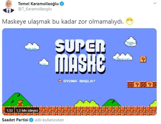Saadet Partisi, hükümetin maske dağıtım sürecini Süper Mario oyunuyla eleştirdi Saadet Partisi, hükümetin maske dağıtım sürecini Süper Mario oyunuyla eleştirdi
