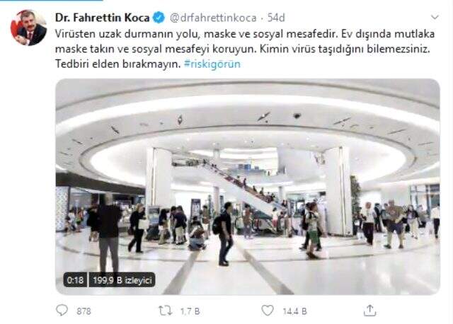 Sağlık Bakanı Fahrettin Koca, AVM'li koronavirüs paylaşımı ile vatandaşları uyardı: Riski görün