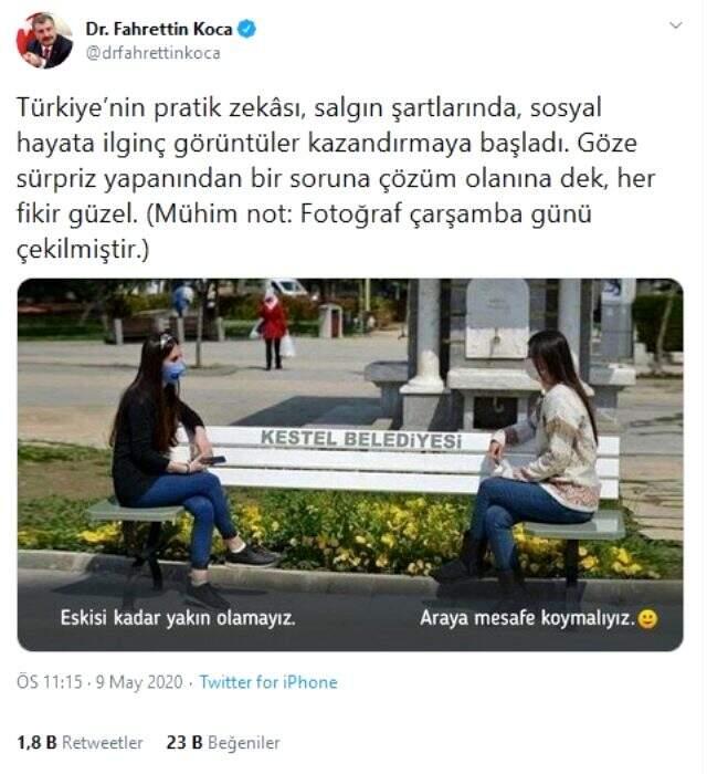 Sağlık Bakanı Koca'dan 'sosyal mesafeli bank' paylaşımı: Fikir güzel
