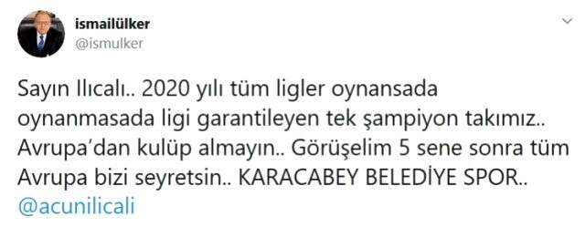 Lig bitmeden şampiyon olan Karacabey Belediyespor'un Başkanı Ülker, Acun Ilıcalı'ya teklif yaptı