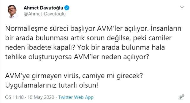 Ahmet Davutoğlu: AVM'ye girmeyen virüs, camiye mi girecek? Uygulamalarınız tutarlı olsun