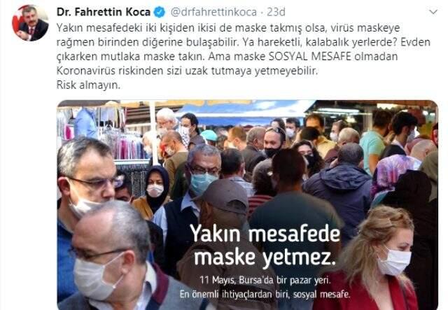 Sağlık Bakanı Koca, fotoğraf paylaşıp uyardı: Virüs maskeye rağmen bulaşabilir