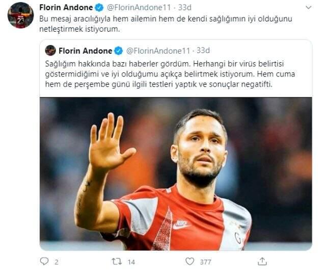 Galatasaraylı Florin Andone sosyal medyadan, koronavirüs testinin negatif çıktığını paylaştı Galatasaraylı Florin Andone sosyal medyadan, koronavirüs testinin negatif çıktığını paylaştı