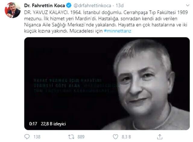 Bakan Koca, koronadan vefat eden Dr. Yavuz Kalaycı'yı andı: Minnettarız
