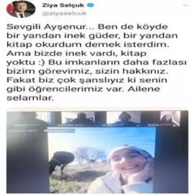 İnek otlatırken EBA canlı derse katılan kıza, Bakan Selçuk'tan övgü