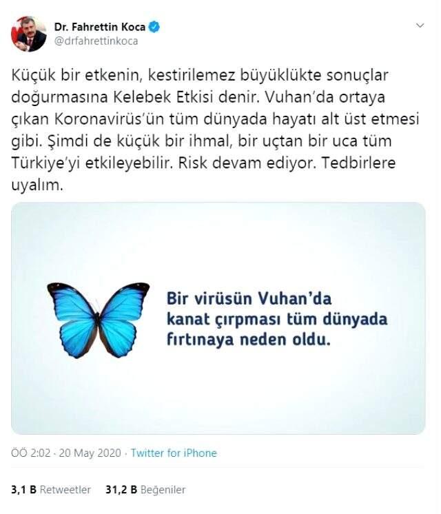 Bakan Koca'dan salgın için 'kelebek etkisi' uyarısı: Tüm Türkiye'yi etkileyebilir Bakan Koca'dan salgın için 'kelebek etkisi' uyarısı: Tüm Türkiye'yi etkileyebilir
