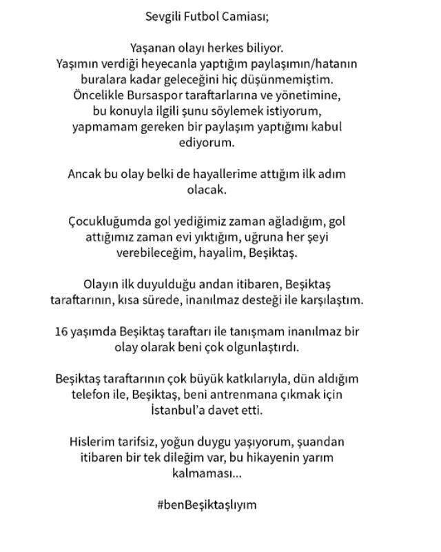 Beşiktaş, yaptığı paylaşım nedeniyle Bursaspor'dan gönderilen Yiğit Şengil'i antrenmana davet etti Beşiktaş, yaptığı paylaşım nedeniyle Bursaspor'dan gönderilen Yiğit Şengil'i antrenmana davet etti