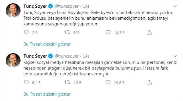 İzmir Büyükşehir Belediye Başkanı Tunç Soyer'in hesabından yapılan paylaşım istifa getirdi İzmir Büyükşehir Belediye Başkanı Tunç Soyer'in hesabından yapılan paylaşım istifa getirdi