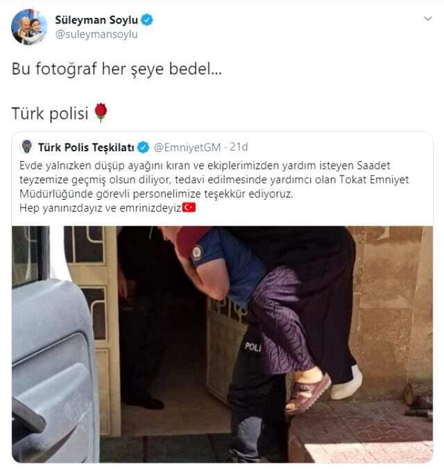 Süleyman Soylu, ayağı kırılan yaşlı kadını sırtında taşıyan polisin fotoğrafını paylaştı.
