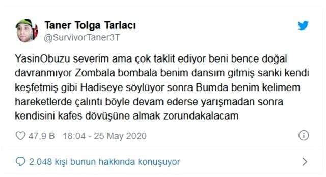 Taner Tolga Tarlacı, kendisini taklit ettiğini ileri sürdüğü Yasin'e gözdağı verdi: Onu kafes dövüşüne alacağım Taner Tolga Tarlacı, kendisini taklit ettiğini ileri sürdüğü Yasin'e gözdağı verdi: Onu kafes dövüşüne alacağım