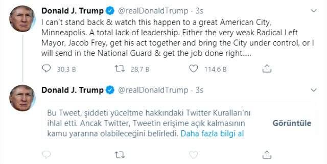 Twitter, ABD Başkanı Donald Trump'ın tweetini şiddeti yücelttiği için gizledi