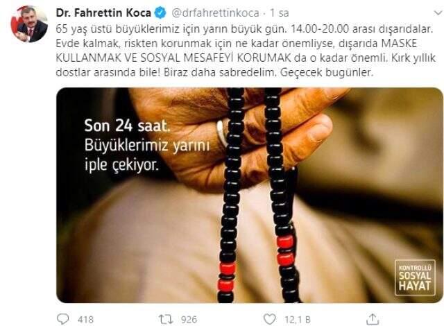 Bakan Koca, sokağa çıkacak 65 yaş üstü vatandaşları uyardı: Maske kullanın, sosyal mesafeyi koruyun