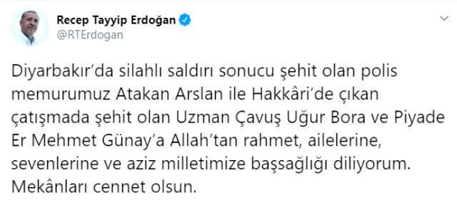 Cumhurbaşkanı Erdoğan'dan şehitler için başsağlığı mesajı Cumhurbaşkanı Erdoğan'dan şehitler için başsağlığı mesajı