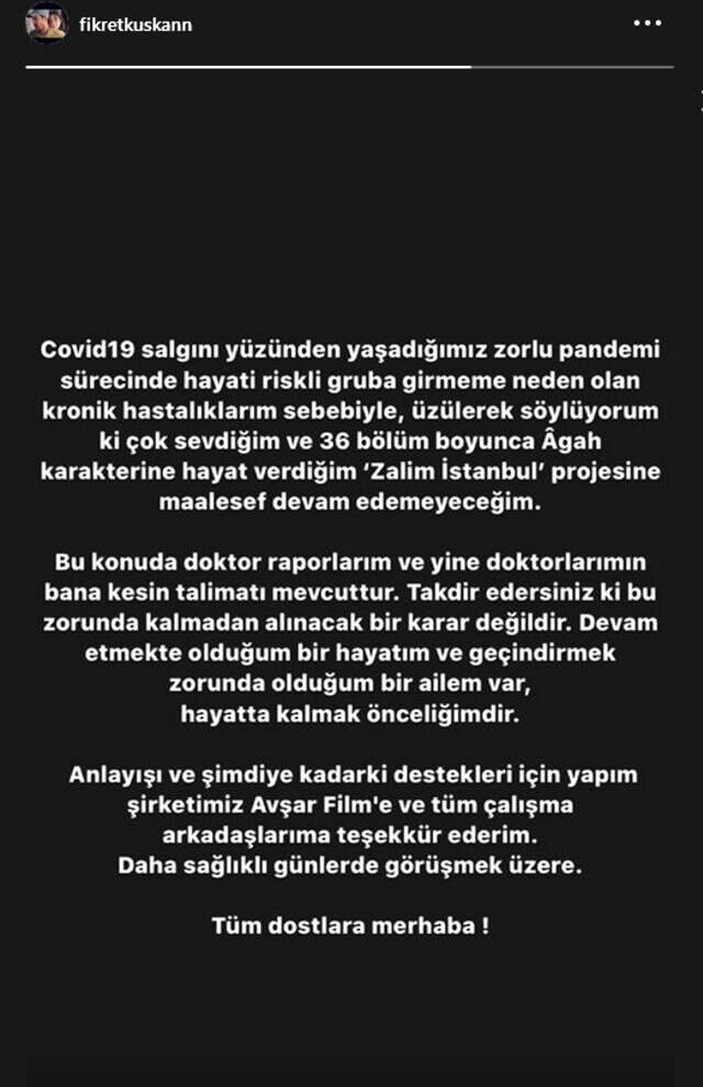 Oyuncu Fikret Kuşkan, sağlık sorunları nedeniyle Zalim İstanbul dizisinde ayrıldı Oyuncu Fikret Kuşkan, sağlık sorunları nedeniyle Zalim İstanbul dizisinde ayrıldı