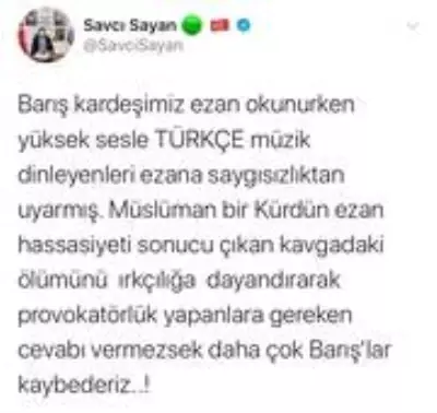 Son Dakika: Başkan Sayan: 'Provokatörlük yapanlara gereken cevabı vermezsek daha çok Barışlar kaybederiz' Son Dakika: Başkan Sayan: 'Provokatörlük yapanlara gereken cevabı vermezsek daha çok Barışlar kaybederiz'