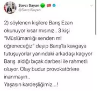 Son Dakika: Başkan Sayan: 'Provokatörlük yapanlara gereken cevabı vermezsek daha çok Barışlar kaybederiz' Son Dakika: Başkan Sayan: 'Provokatörlük yapanlara gereken cevabı vermezsek daha çok Barışlar kaybederiz'