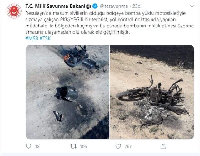 MSB: 'Resulayn'da masum sivillerin olduğu bölgeye bomba yüklü motosikletiyle sızmaya çalışan... MSB: 'Resulayn'da masum sivillerin olduğu bölgeye bomba yüklü motosikletiyle sızmaya çalışan...
