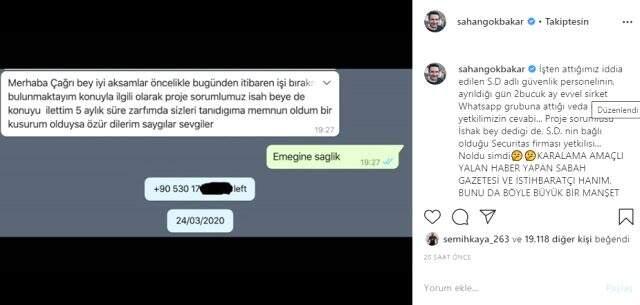Şahan Gökbakar, koronavirüs kaptığı gerekçesiyle işten kovduğu ileri sürülen güvenlik personelinin attığı veda mesajını paylaştı Şahan Gökbakar, koronavirüs kaptığı gerekçesiyle işten kovduğu ileri sürülen güvenlik personelinin attığı veda mesajını paylaştı