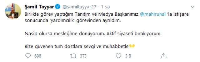 AK Parti Tanıtım ve Medya Başkan Yardımcısı Şamil Tayyar görevden ayrıldı AK Parti Tanıtım ve Medya Başkan Yardımcısı Şamil Tayyar görevden ayrıldı