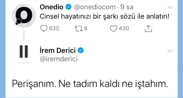 İrem Derici, şarkı sözüyle cinsel hayatını anlattı: Perişanım İrem Derici, şarkı sözüyle cinsel hayatını anlattı: Perişanım