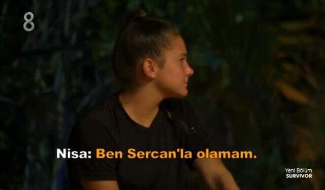 Survivor'da Nisa, Sercan'ın aynı takımda olma isteğini 'Yapamam' diyerek reddetti Survivor'da Nisa, Sercan'ın aynı takımda olma isteğini 'Yapamam' diyerek reddetti